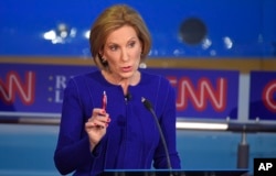 Republican presidential candidate, businesswoman Carly Fiorina, makes a point during the Republican presidential debate at the Ronald Reagan Presidential Library and Museum, Sept. 16, 2015.