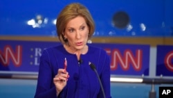 Republican presidential candidate, businesswoman Carly Fiorina, makes a point during the Republican presidential debate at the Ronald Reagan Presidential Library and Museum, Sept. 16, 2015.