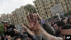 A protester holds up a bloodied hand following an attack by security forces in Tahrir Square, in Cairo, Egypt, April 9, 2011