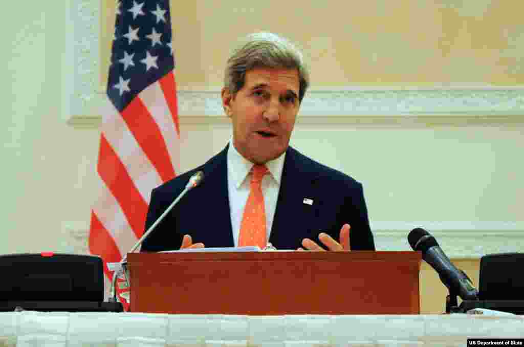 U.S. Secretary of State John Kerry speaks during a news conference with Saudi Foreign Minister Saud al-Faisal in Riyadh, Saudi, Arabia on November 4, 2013.