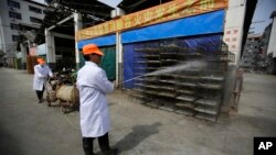 资料照：2013年上海一个批发市场工人给鸡笼消毒
