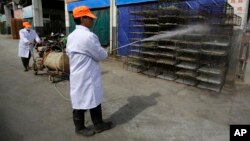 Công nhân phun thuốc khử trùng lên lồng gà tại một khu chợ ở Thượng Hải, Trung Quốc, vào năm 2013, trong một đợt bùng phát dịch cúm gia cầm.