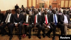 Members of South Sudan's rebel delegation are seen at the opening ceremony of peace talks in Ethiopia's capital Addis Ababa, Jan. 4, 2014.