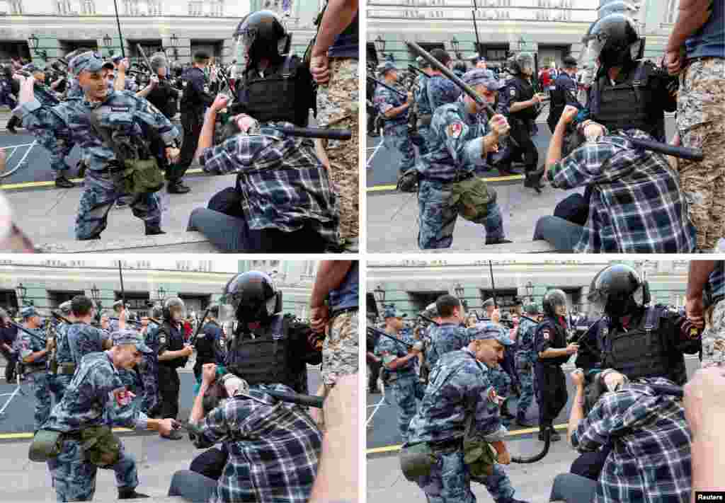 A combination picture shows a serviceman of the Russian National Guard beating a protester during a rally against planned increases to the nationwide pension age in Moscow.