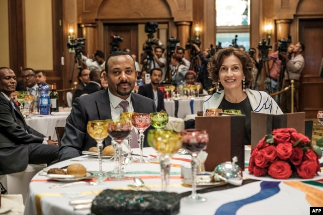 Abiy Ahmed, prime minister of Ethiopia, and Audrey Azoulay, UNESCO's director-general, attend the Guillermo Cano World Press Freedom Prize ceremony in Addis Ababa, o May 2, 2019. - The ceremony, hosted by the Ethiopian government, is part of the World Press Day event organized by UNESCO in the city of Addis Ababa.