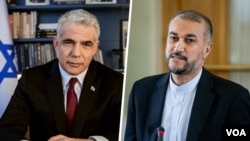 حسین امیر عبداللهیان (راست) وزیر خارجه جمهوری اسلامی ایران و یائیر لاپید وزیر خارجه اسرائیل