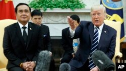 President Donald Trump speaks during a meeting with Thai Prime Minister Prayuth Chan-ocha in the Oval Office of the White House, in Washington, Oct. 2, 2017.