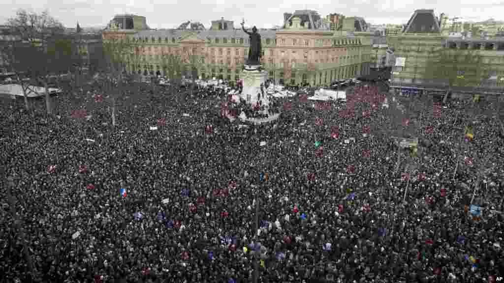 Thousands of people gather at Republique Square in Paris, France, Jan. 11, 2015. 