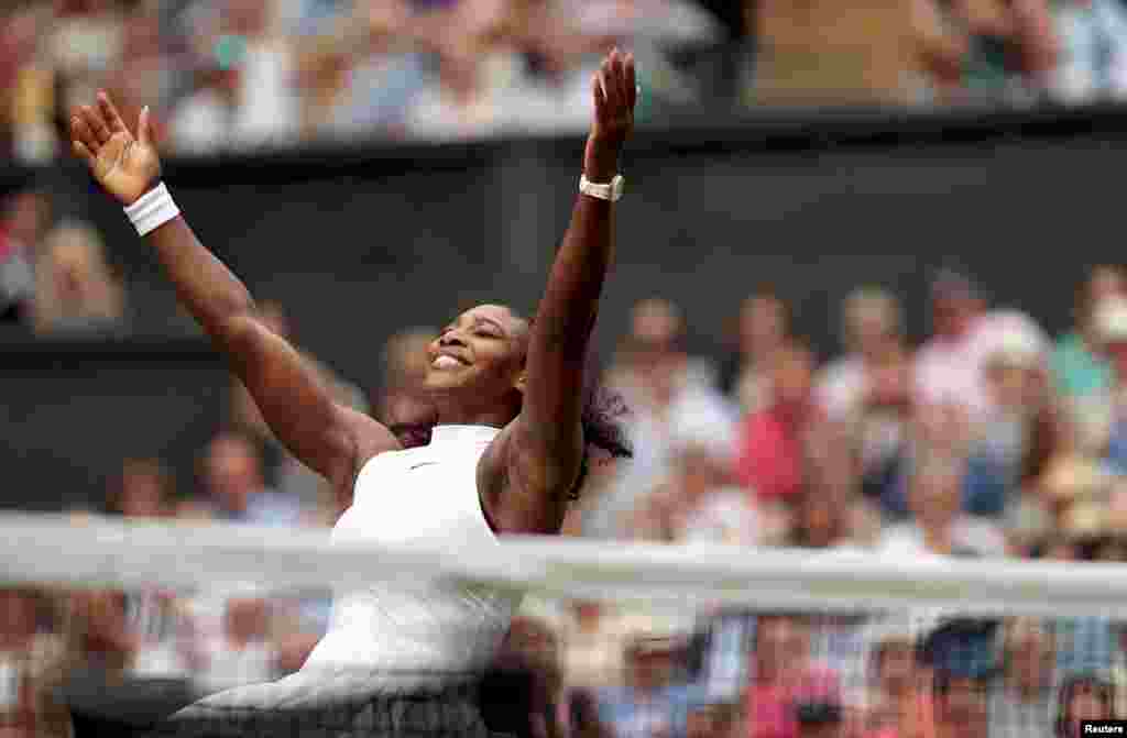 Serena Williams of the United States celebrates winning her singles final match against Germany&#39;s Angelique Kerber at Wimbledon.