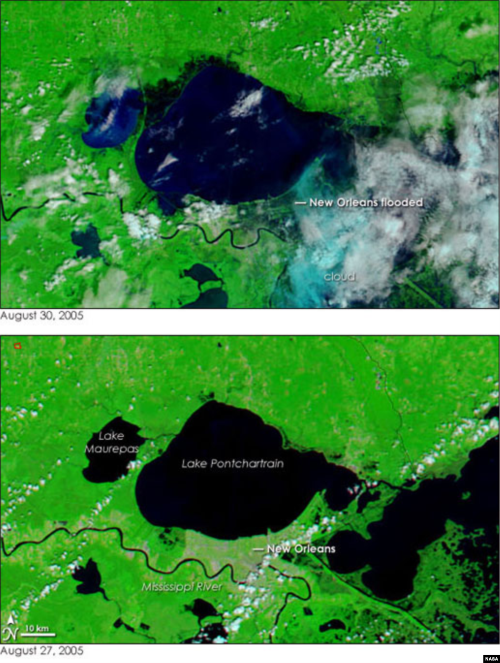 Gambar New Orleans yang diambil Badan Antariksa Nasional AS (NASA) sebelum (27 Agustus 2005) dan sesudah (30 Agustus 2015) Badai Katrina.