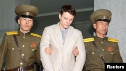 FILE - Otto Frederick Warmbier, a University of Virginia student, has been detained in North Korea since early January, is taken to North Korea's top court in Pyongyang, North Korea, March 16, 2016.