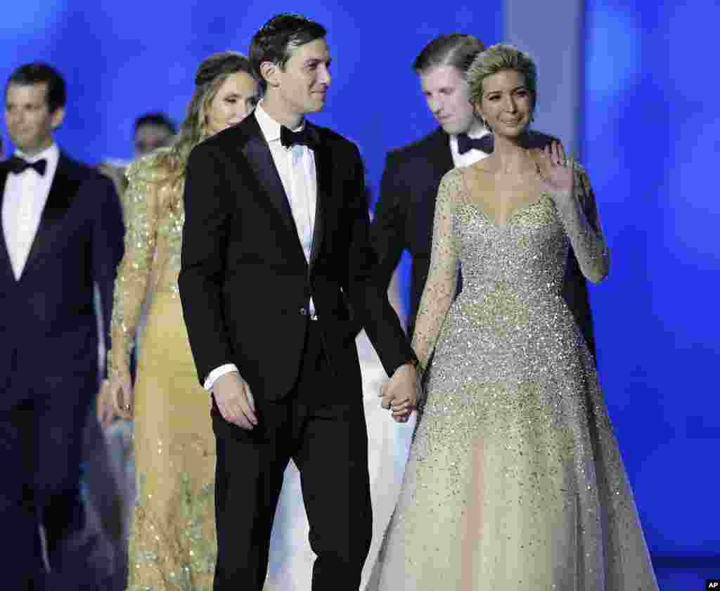 Jared Kushner and Ivanka Trump celebrate with the crowd at the Freedom Ball in Washington, on Friday, Jan. 20, 2017, at the Washington Convention Center during the 58th presidential inauguration.