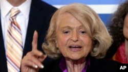 Plaintiff Edith Windsor holds a press conference after the court's ruling in New York City.