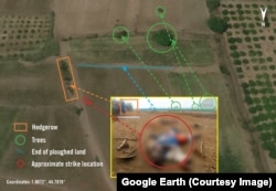 Satellite imagery depicting the location of a Nov. 12, 2017, US air strike in relation to the village of Darusalaam, Lower Shabelle. According to Amnesty International, the strike killed three farmers.