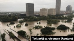 Flooded downtown is seen from a high rise along Buffalo Bayou after Hurricane Harvey inundated the Texas Gulf coast with rain causing widespread flooding, in Houston, Texas, Aug. 27, 2017, in this picture from social media. 