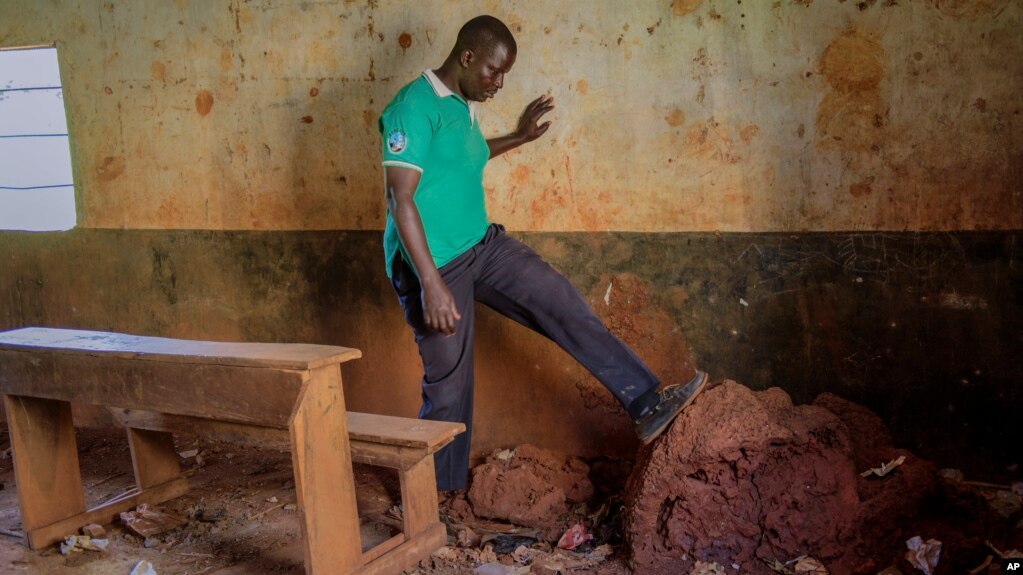 Teacher Emmy Odillo kicks at an anthill that has grown in a corner of a classroom at the now-deserted Mawero Primary School on the outskirts of Busia town, in eastern Uganda on Oct. 19, 2021. (AP Photo/Nicholas Bamulanzeki)