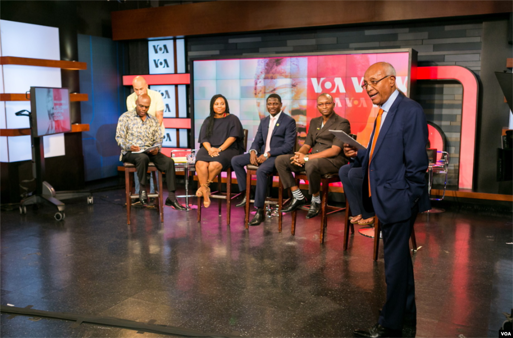 Shaka Ssali, Nomfundo Mkhize, M&#39;Bemba Koita, Clifford Akonteh and Louisa Nakanuku-Diggs and Africa Division Director, Negussie Mengesha before the start of the show.