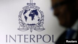 FILE - A man passes an Interpol logo.