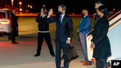 Secretary of State Antony Blinken boards his plane at Andrews Air Force Base, Maryland on Nov. 16, 2021. During his five-day trip, Blinken will visit Kenya, Nigeria, and Senegal. 