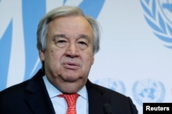 FILE - United Nations Secretary-General Antonio Guterres give a statement after delivering a speech.