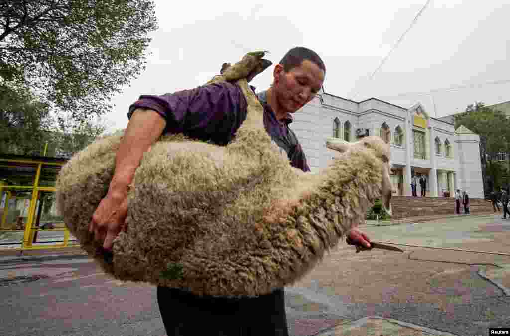 A butcher carries a sheep for slaughtering to mark Kurban-Ait, also known as Eid al-Adha, in the Central Mosque in Almaty, Kazakhstan.