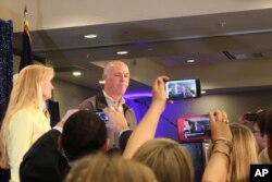 Republican Greg Gianforte greets supporters at a hotel ballroom after winning Montana's sole congressional seat, May 25, 2017, in Bozeman.