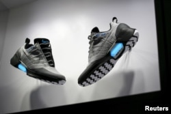 The Nike HyperAdapt 1.0 self-lacing shoe is displayed during a Nike unveiling event in New York, March 17, 2016.