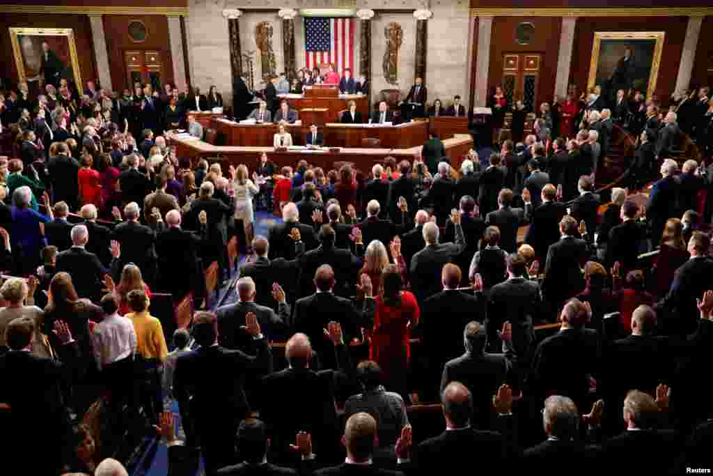 House Speaker Nancy Pelosi (D-CA) administers the oath of office to House members and delegates of the House of Representatives at the start of the 116th Congress inside the House Chamber on Capitol Hill in Washington.