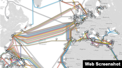 Undersea fiber-optic cables carry the bulk of intercontinental Internet traffic. (Courtesy Telegeography.com)
