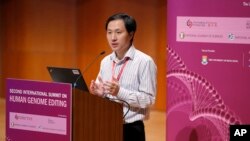 He Jiankui, a Chinese researcher, speaks during the Human Genome Editing Conference in Hong Kong, Wednesday, Nov. 28, 2018. He made his first public comments about his claim to have helped make the world's first gene-edited babies. (AP Photo/Kin Cheung)