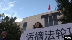 法轮功学员在中国领事馆前抗议他们所说的中国活体摘除法轮功学员身体器官。（资料照）