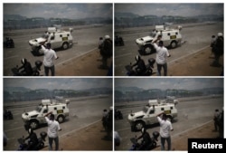 A combination photo of an opposition demonstrator being run over by a Venezuelan National Guard (GNB) vehicle on a street near the Generalisimo Francisco de Miranda Airbase "La Carlota" in Caracas, April 30, 2019.