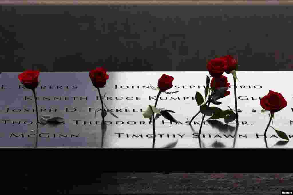 뉴욕 맨해턴의 국립 9&middot;11 기념관에서 진행된 9&middot;11테러 15주년 행사를 위해 희생자들의 이름 앞에 놓여진 장미꽃들. &nbsp;