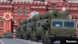 FILE - Russian S-400 surface-to-air missile systems are seen on display during a parade at Red Square in Moscow, Russia, May 9, 2015. 