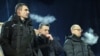 Vitali Klitschko, Head of UDAR (Punch) party, left, Oleh Tyagnybok, head of the Svoboda party, center, and Arseniy Yatsenyuk of the Batkivchchyna party attend meeting on Independence Square, Kyiv, Jan. 25, 2014.