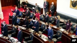 FILE - Members of the Senate are sworn in during the opening session of the North Carolina General Assembly in Raleigh, N.C., Wednesday, Jan. 13, 2021. (AP Photo/Gerry Broome)