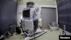 FILE - The spacecraft BepiColombo is seen at the European Space Agency's European Space Research and Technology Centre in Noordwijk, Netherlands, July 6, 2017.