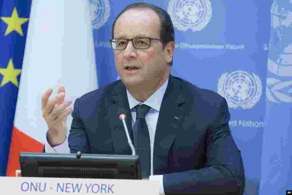French President Francois Hollande speaks during a news conference, responding to the beheading of French mountaineer Herve Gourdel by an Algerian splinter group from al-Qaida, at United Nations headquarters, Sept. 24, 2014.