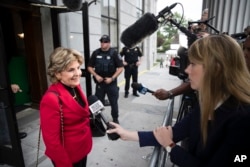 Attorney Gloria Allred speaks with members of the media ahead of Bill Cosby's sexual assault trial at the Montgomery County Courthouse in Norristown, Pa., June 5, 2017.