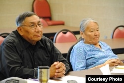 Lakota elders Tom Red Bird and Sandra Black Bear, participating in discussions at the Lakota Language Consortium's (LLC) Summer Language Institute, held at Sitting Bull College, Fort Yates, N.D., June 5, 2014. Courtesy: LLC