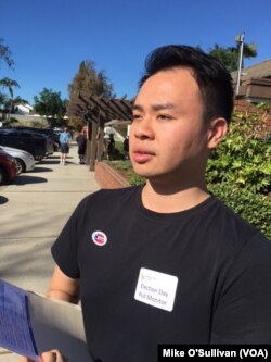 Poll watcher Eddie Hu of the citizen group Asian Americans Advancing Justice said the election is going smoothly at the polling station in the San Gabriel Valley, an area near Los Angeles that has a large Asian-American population, Nov. 8, 2016. Hu said h