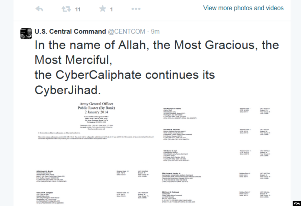 Screen shot da conta de Twitter do Comando Central com a mensagem dos jihadistas: Em nome de Alá, O mais gracioso, O mais misericordioso, o Califado Cibernético continua a sua Jihad Cibernética&quot;. Jan. 12, 2015.