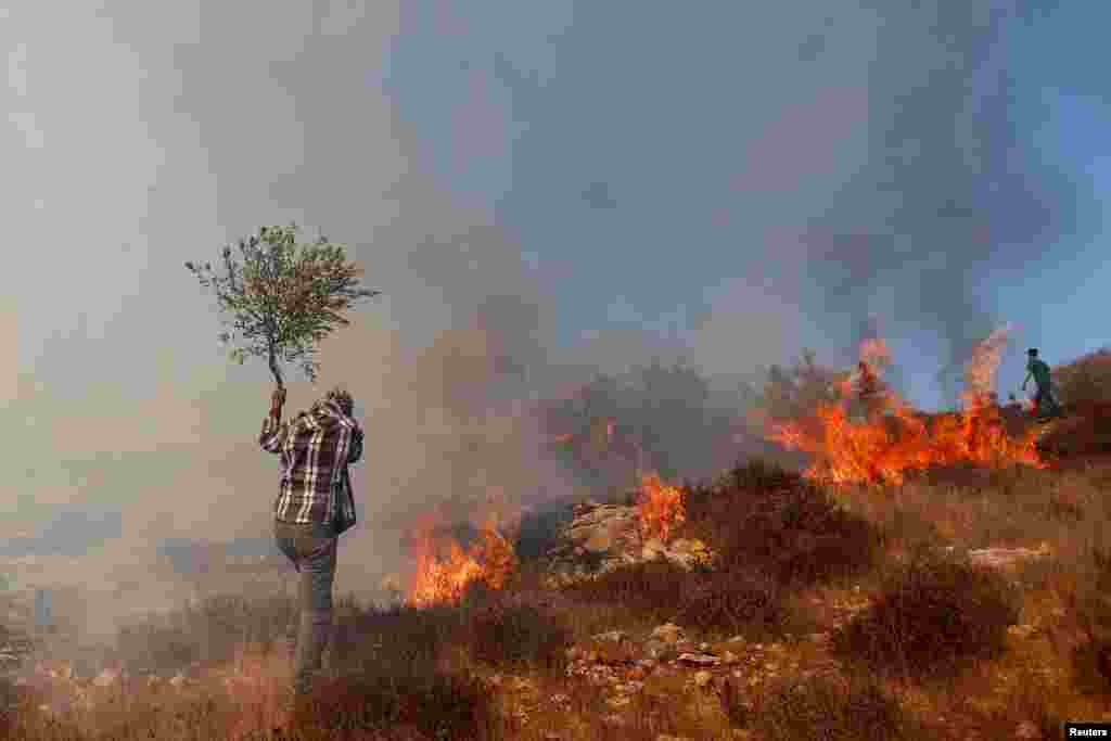 A Palestinian demonstrator tries to put out a fire caused by tear gas canisters fired by Israeli troops during a protest against Jewish settlements, near Ramallah in the Israeli-occupied West Bank.