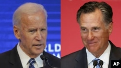 From left, former Vice President Joe Biden and former Republican presidential candidate Mitt Romney.