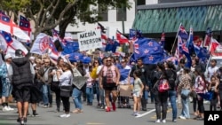 Freedom and Rights Coalition demonstrators march along Lambton Quay before gathering at Parliament, in Wellington, New Zealand on Nov. 9, 2021.