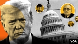 Ilustrasi Presiden AS Donald Trump, Capitol Hill dan beberapa tokoh dalam penyelidikan pemakzulan. 