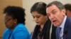 Santiago Canton, right, Chair of the Commission of Inquiry on the 2018 protests in the occupied Palestinian territory, attends next to Sara Hossain, left, and Kaari Betty Murungi for a session of the Human Rights Council at the U.N. in Geneva, March 18, 2019.