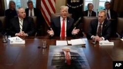 President Donald Trump, with a poster of himself laid out in front of him, speaks during a cabinet meeting at the White House, in Washington, Jan. 2, 2019. 