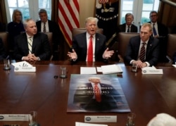 Presiden Donald Trump, dengan poster dirinya diletakkan di depannya, berbicara selama pertemuan kabinet di Gedung Putih, di Washington, 2 Januari 2019. (Foto: AP)