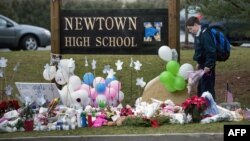 A student looks for a place to leave flowers at a makeshift memorial for the victims of the Sandy Hook Elementary School shooting at the entrance of Newtown High School December 18, 2012 in Newtown, Connecticut.